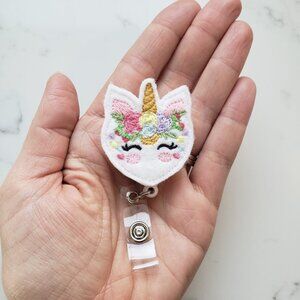 Unicorn Floral Teacher Badge Reels Nurse Retractable ID Badge Clips NWT handmade
